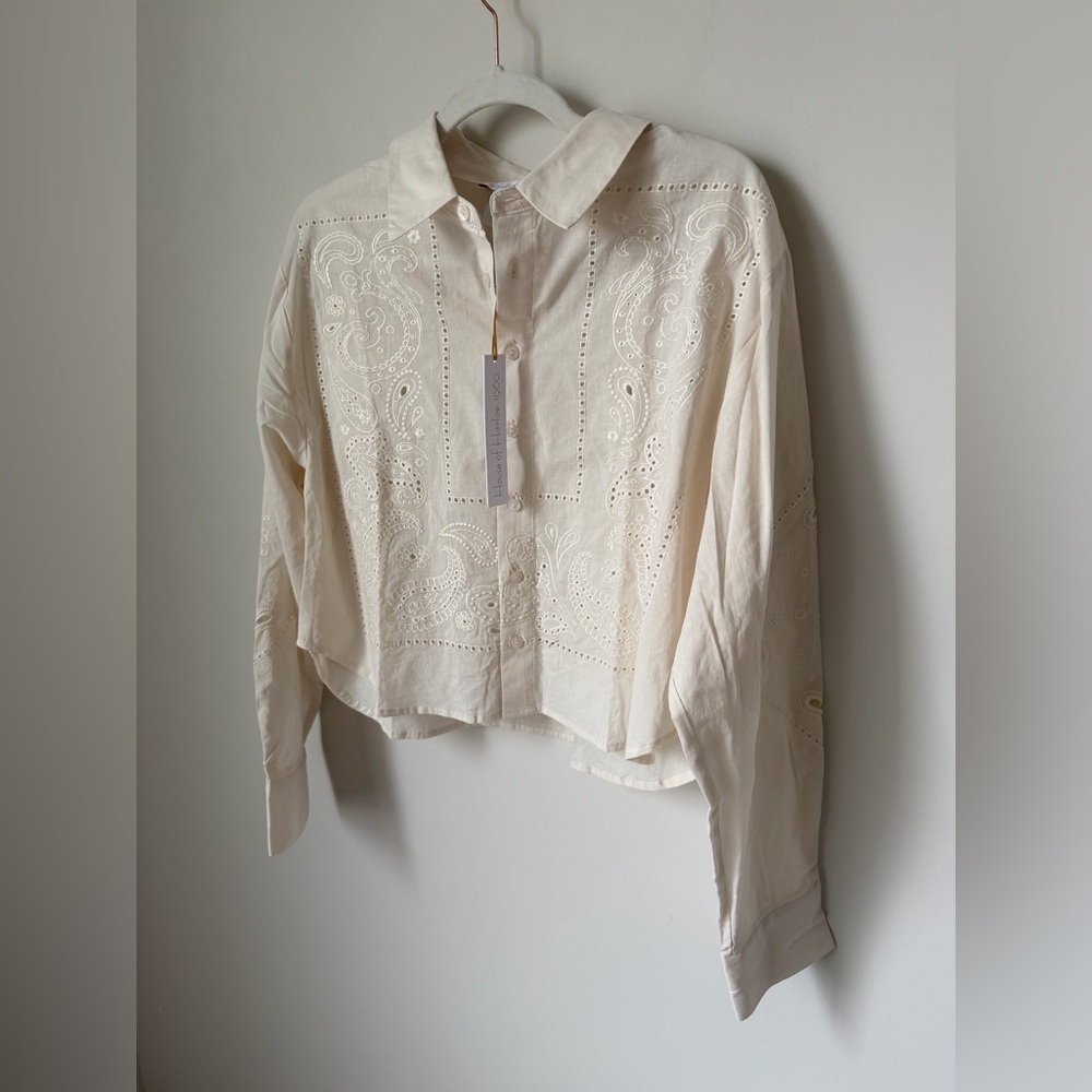 Cream paisley Embroidered long sleeve button up long sleeve shirt